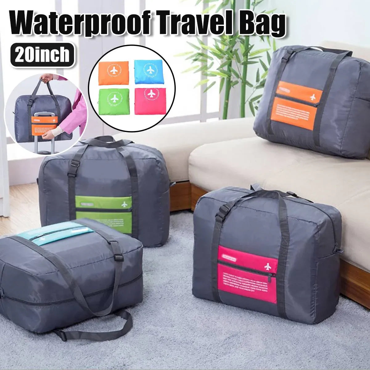 Nylon Waterproof Collapsible Travel Bag Large Suitcase Clothing Organizer - Orange