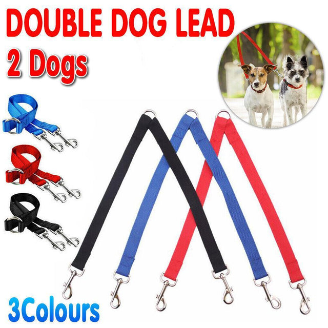 2 Way Double Dual Dog Leash Walk 2 Dogs One Lead Coupler Nylon Harness - Blue
