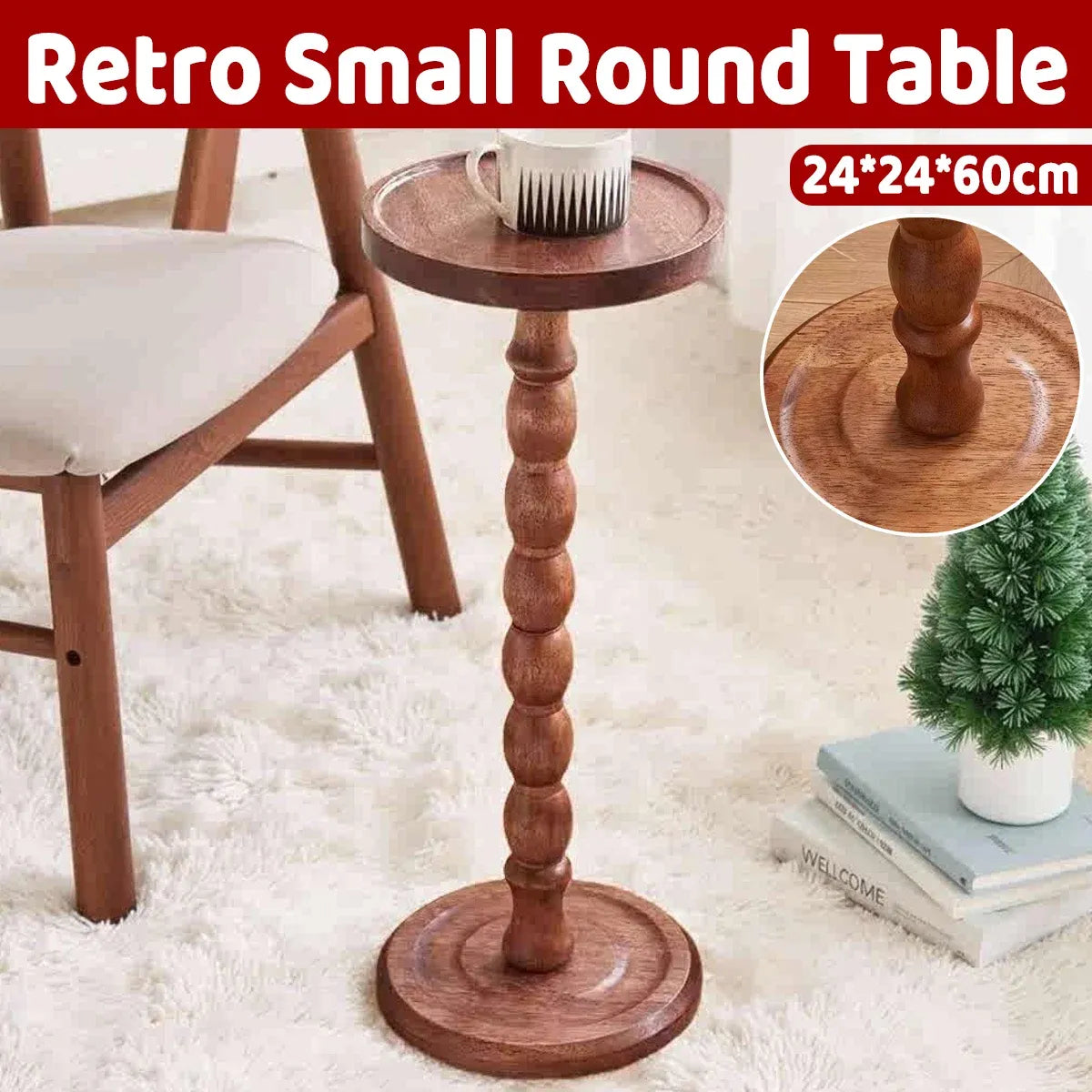 Vintage Solid Wood Side Table Small Round Table Sturdy Anti Slip Easy Clean
