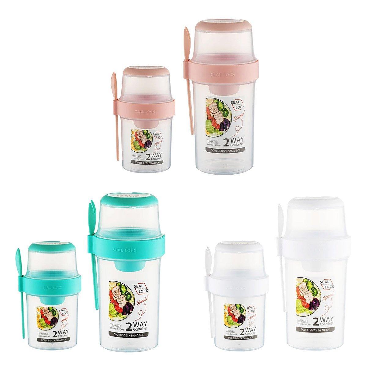 Double Plastic Salad Cup with Fork Sealed Breakfast Container for On-the-Go Meal - 560ml-Green