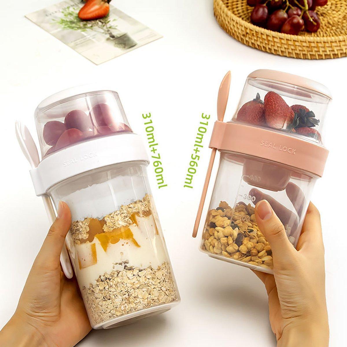 Double Plastic Salad Cup with Fork Sealed Breakfast Container for On-the-Go Meal - 560ml-Green