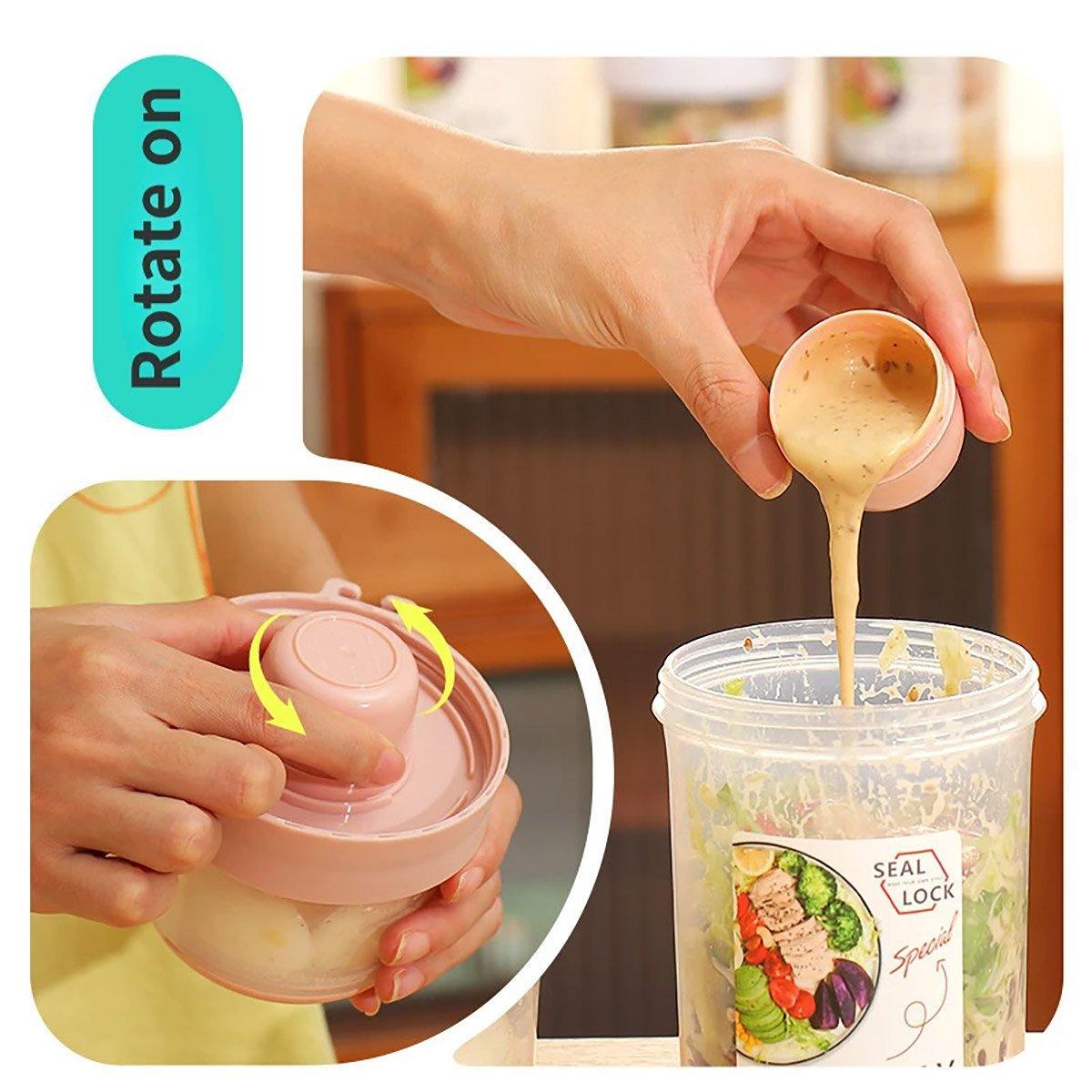 Double Plastic Salad Cup with Fork Sealed Breakfast Container for On-the-Go Meal - 560ml-Green