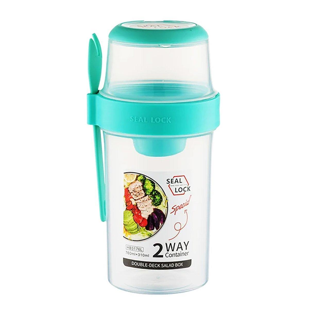 Double Plastic Salad Cup with Fork Sealed Breakfast Container for On-the-Go Meal - 560ml-Green
