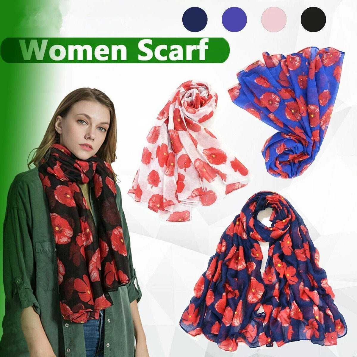 Women Ladies Poppy Print Floral Scarf Remembrance Day Poppies Scarves Wrap Shawl