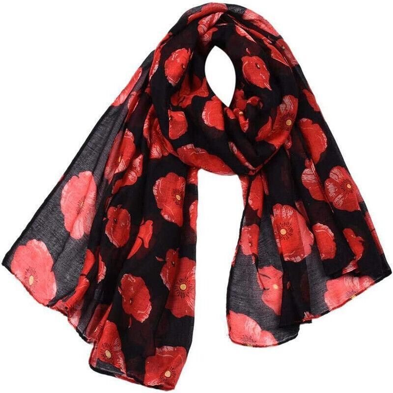 Women Ladies Poppy Print Floral Scarf Remembrance Day Poppies Scarves Wrap Shawl