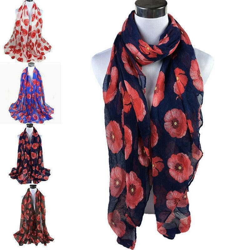 Women Ladies Poppy Print Floral Scarf Remembrance Day Poppies Scarves Wrap Shawl