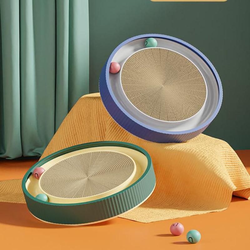 Cat Scratcher Lounge Bed Toy 40cm Round Foldable Cardboard Pad with Ball Track - Blue