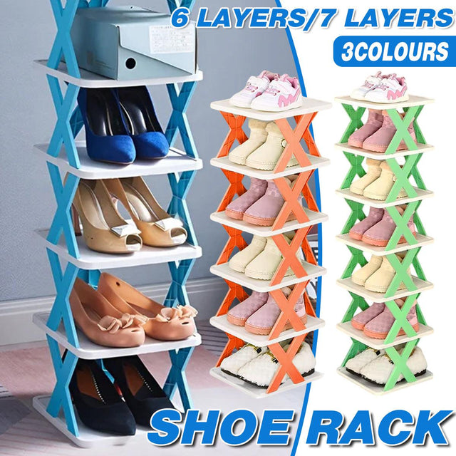 6/7 Tier Shoe Rack Space Saving Small Shoe Cabinet Storage Shelf - Blue-7 Layer