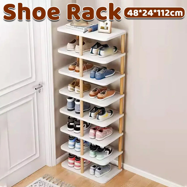 8 Tiers Shoe Rack Wood Vertical Space Saving Narrow Shoe Rack Storage 14 Pairs