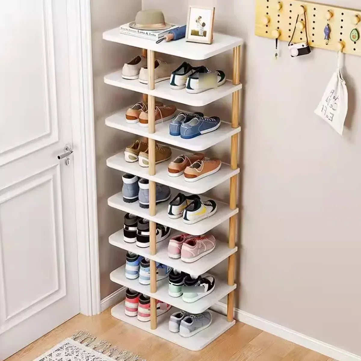 8 Tiers Shoe Rack Wood Vertical Space Saving Narrow Shoe Rack Storage 14 Pairs