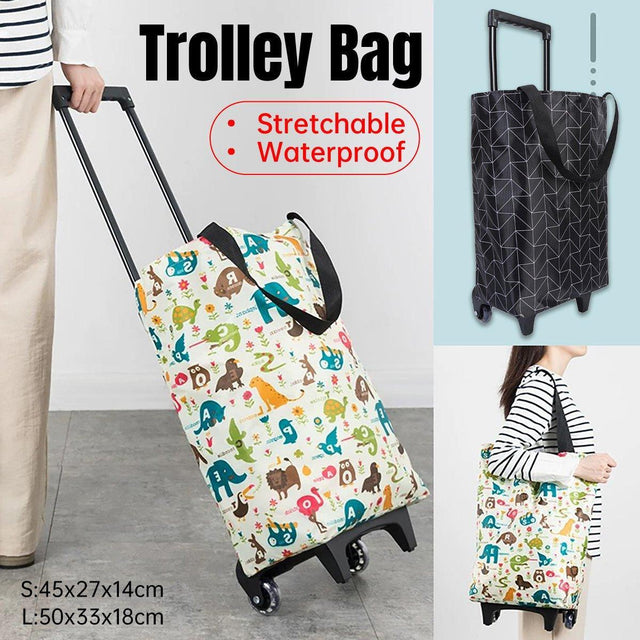Lightweight Folding Shopping Cart Trolley Wheels Retractable Bag - Black-Small