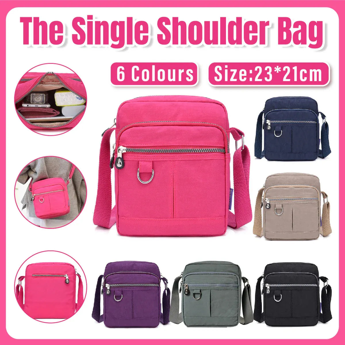 Ladies Shoulder Bag Nylon Fabric Lightweight Crossbody Small Casual Handbag - Apricot