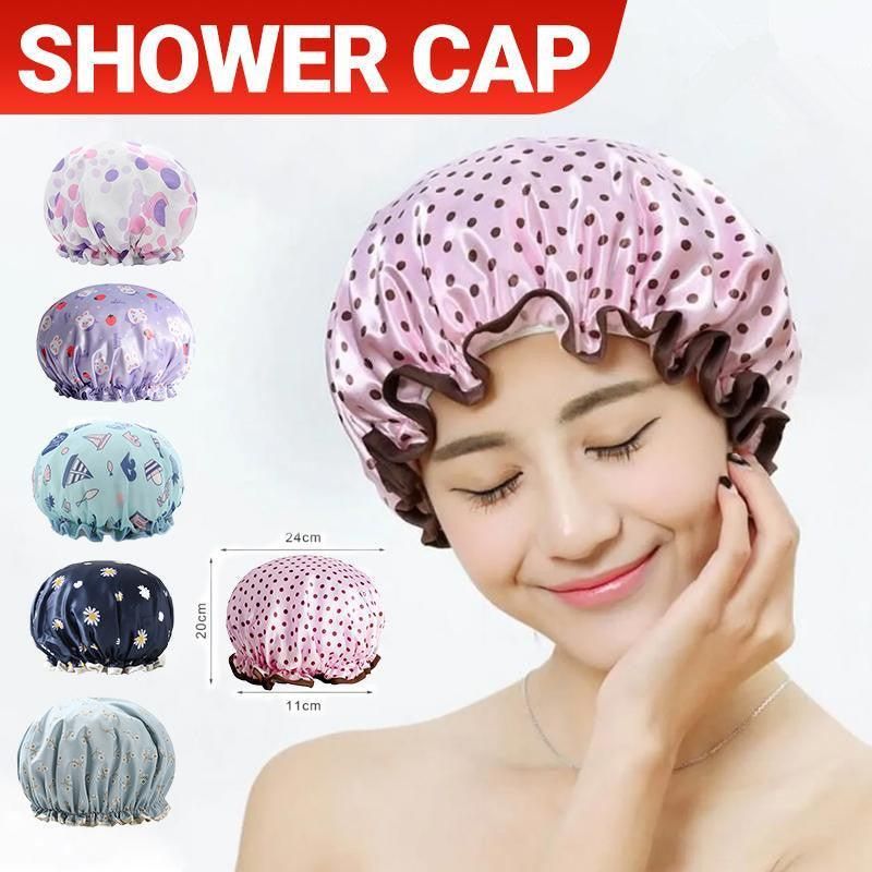 Double Layer Lux Shower Cap Bath Hat Hair Care Women Sleep Waterproof Reusable - White