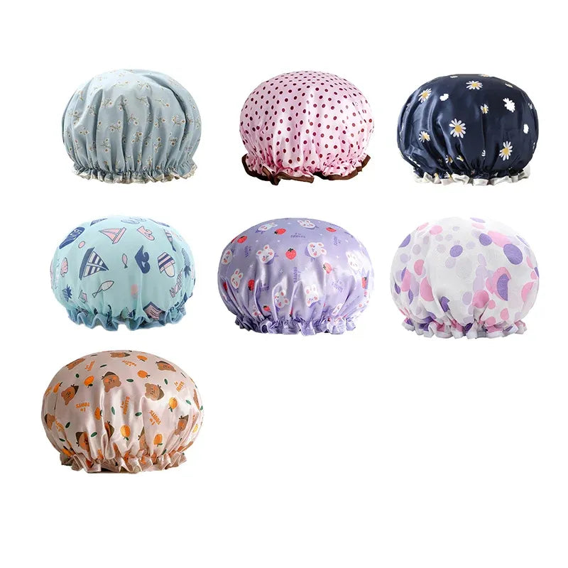 Double Layer Lux Shower Cap Bath Hat Hair Care Women Sleep Waterproof Reusable - White
