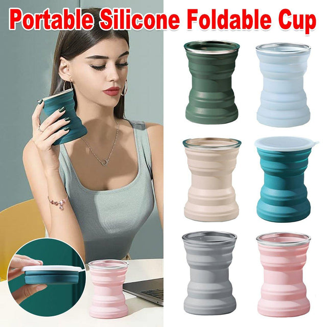 Silicone Folding Travel Mug Retractable Collapsible Camping Grey Blue Lake