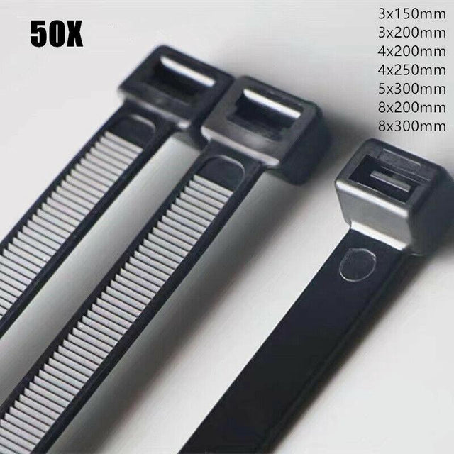 50X Cable Ties Zip Ties Nylon Uv Stabilised Black Cable Tie - 4.8*300mm