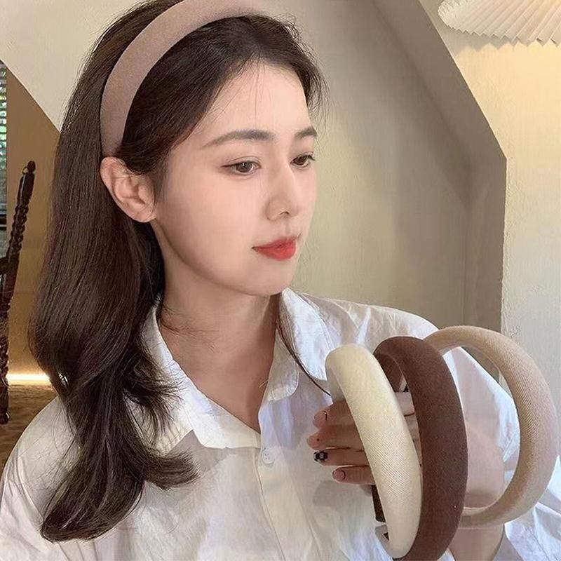 Women Thick Padded Wide Headband Sponge Hairband Wedding Party Plain - Milk Tea