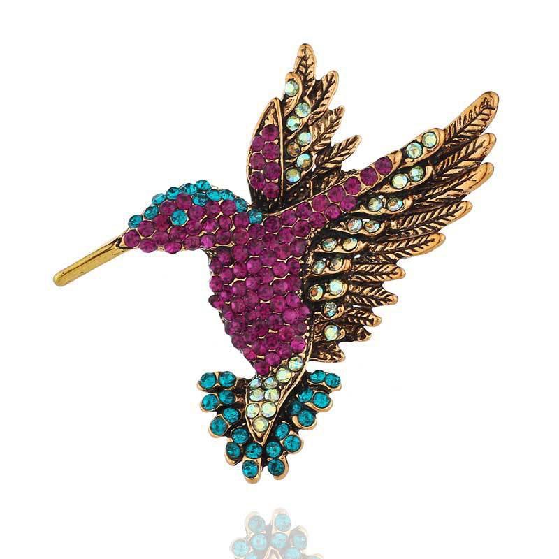 Fashion Hummingbird Brooch Pink Diamond Silver Brooch Gift Retro Style - Colourful