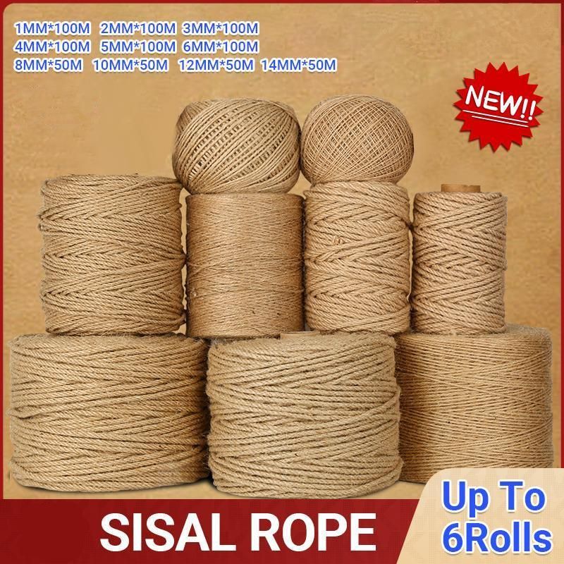Sisal Rope Natural Jute Hemp Manila Twine String Cord 1-14mm Thick Craft DIY - 5Rolls-12MM*50M