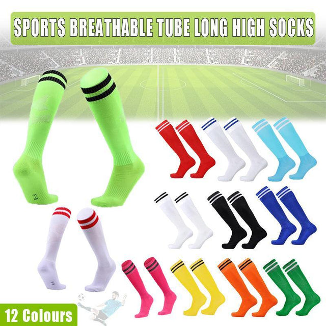 Mens Womens Sports Breathable Socks Knee Warm Casual Footy Soccer - White+Red