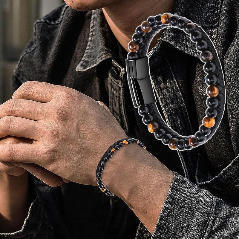 Tiger Eye Natural Stone Beaded Bracelet Women Men Elasticity Bangle hand Jewelry - Red Tiger Eye