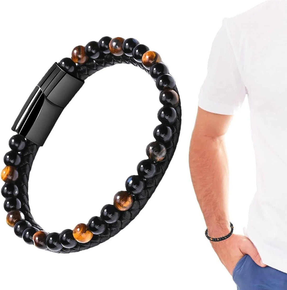 Tiger Eye Natural Stone Beaded Bracelet Women Men Elasticity Bangle hand Jewelry - Red Tiger Eye