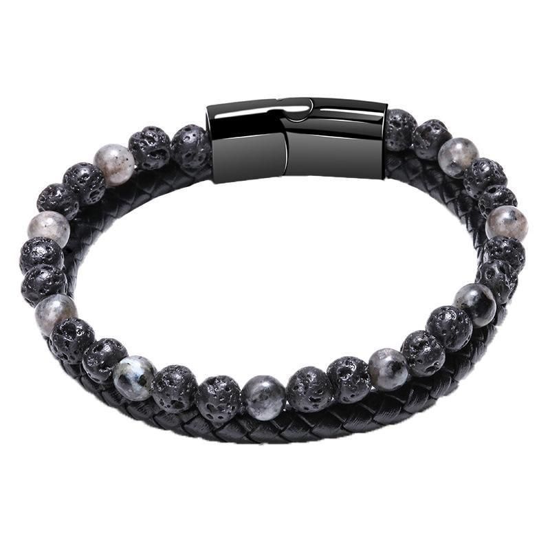 Tiger Eye Natural Stone Beaded Bracelet Women Men Elasticity Bangle hand Jewelry - Grey Lava