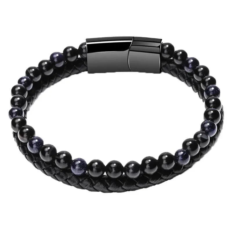 Tiger Eye Natural Stone Beaded Bracelet Women Men Elasticity Bangle hand Jewelry - Blue Stone