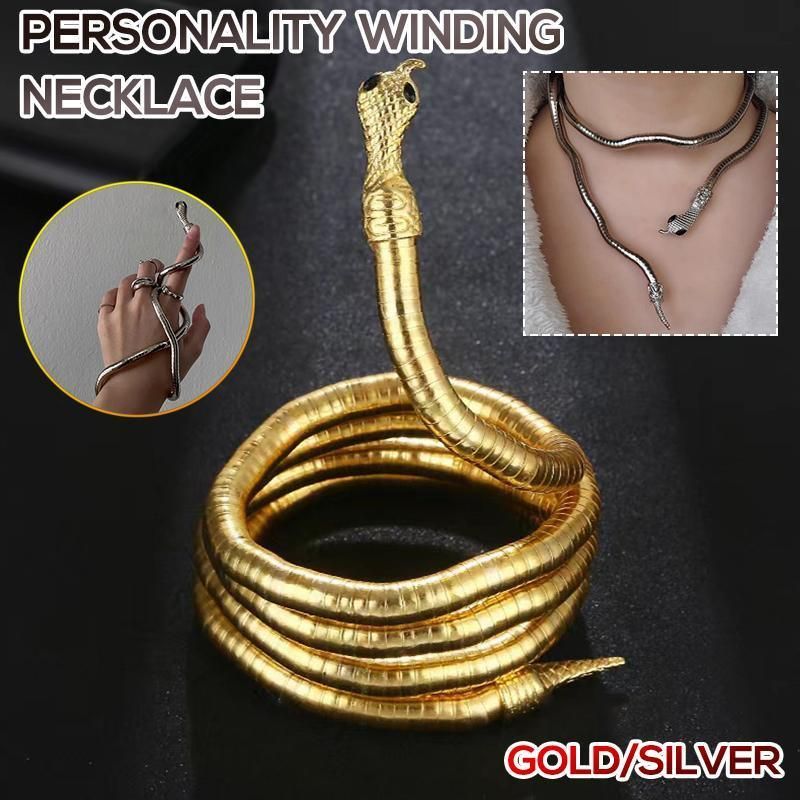Adjustable Punk Snake Choker Necklace & Flexible Wrap Bracelet Collar Setllar - Golden