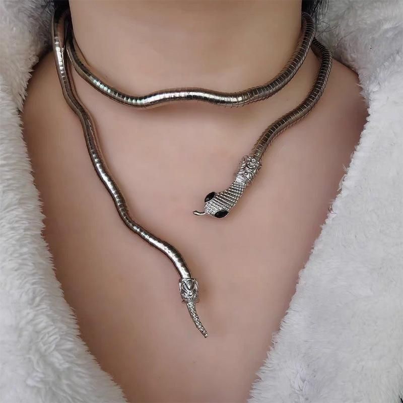 Adjustable Punk Snake Choker Necklace & Flexible Wrap Bracelet Collar Setllar - Golden