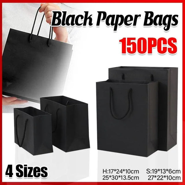 150Pcs Bulk Black Paper Bags Gift Shopping Carry Craft Bag With Cutton Handles - 17*24*10cm