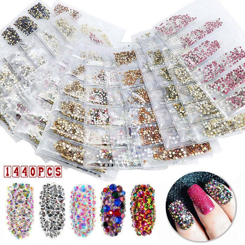1440Pcs Glitter Rhinestones Crystal Clear Flat Bottom Glass Nail Art Nail Drill - Yellow