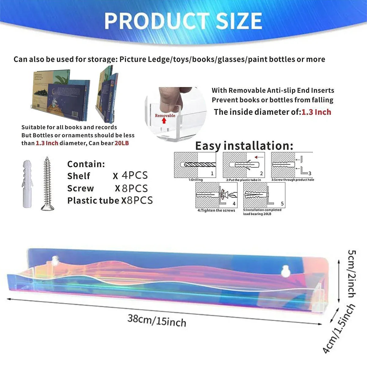 Acrylic Wall Shelves Set 4PCS Floating Display Storage Racks Clear for Home Use - Colorful