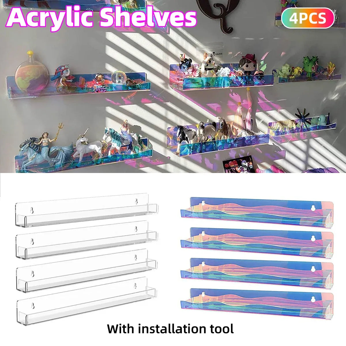 Acrylic Wall Shelves Set 4PCS Floating Display Storage Racks Clear for Home Use - Transparent