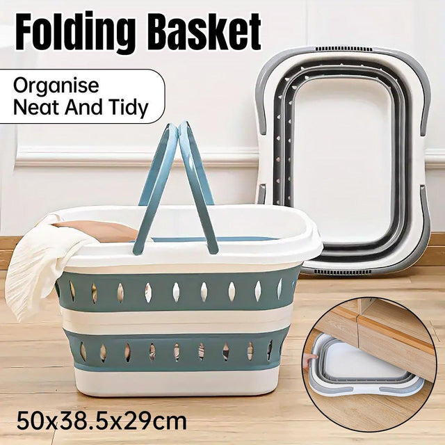 Folding Laundry Basket Plastic Dirty Clothes Hamper Blue Bathroom Storage Grey