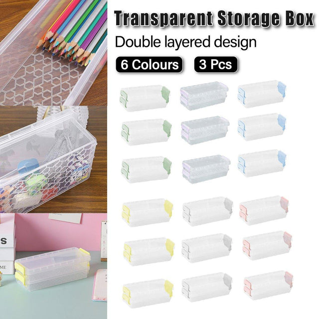 3PCS Clear Plastic Desktop Box 2 Layer Holder DIY Stationery Pencil Case Green