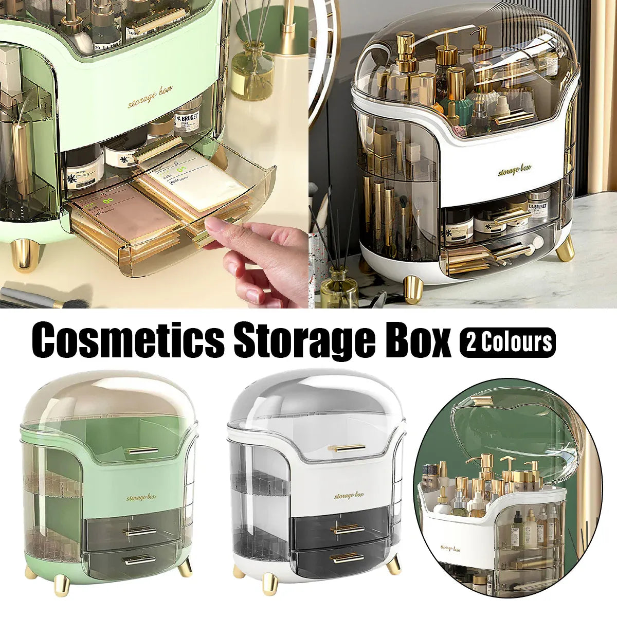 Large Capacity Cosmetic Storage Box Dustproof Organizer for Desktop Vanity Shelf - White