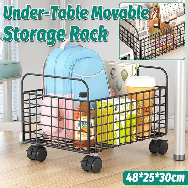 Under-Table Movable Storage Rack with Wheels for Office Home Kitchen Durable