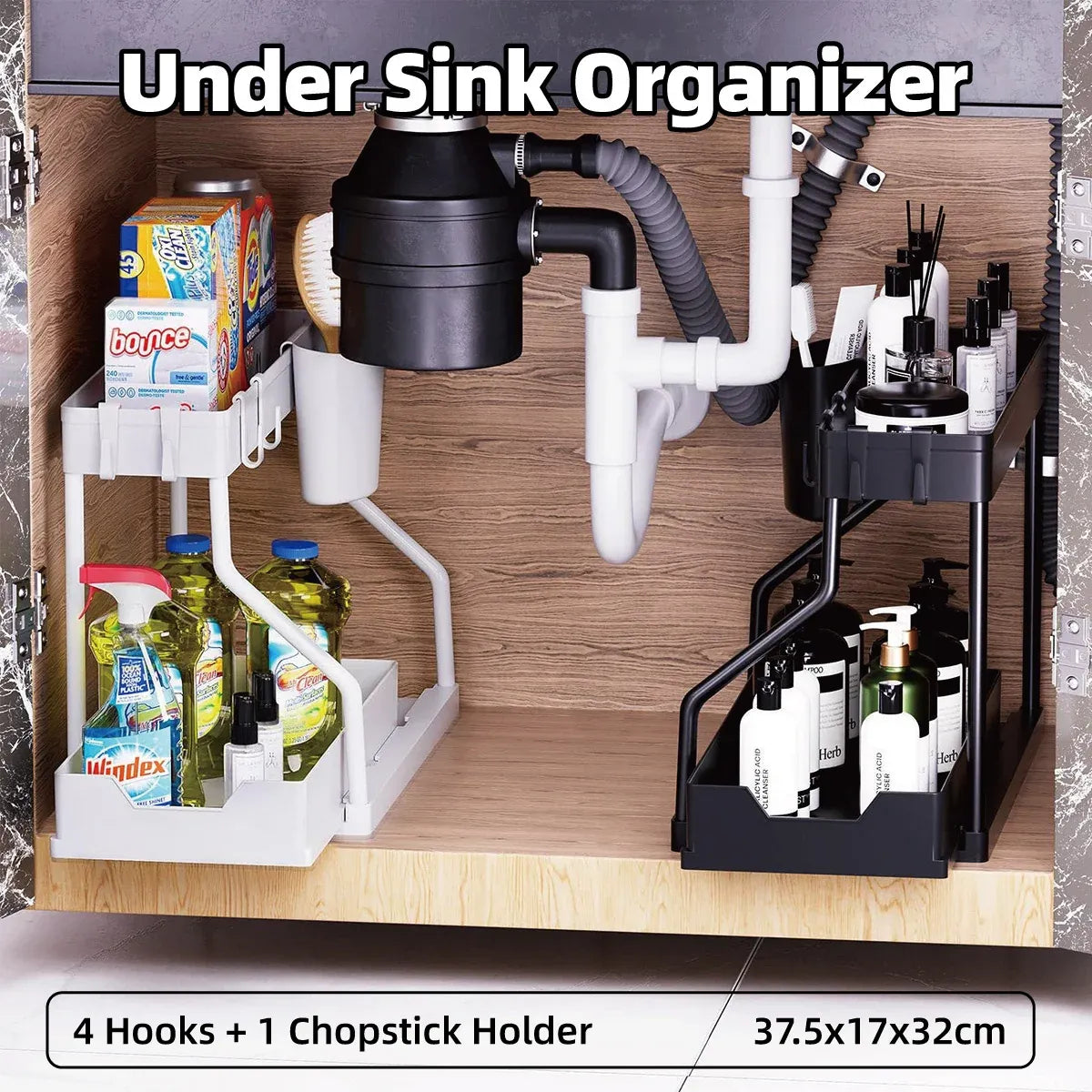 Under Sink Storage Rack Double Layer Organizer Shelf Kitchen Bathroom Cabinet - Black