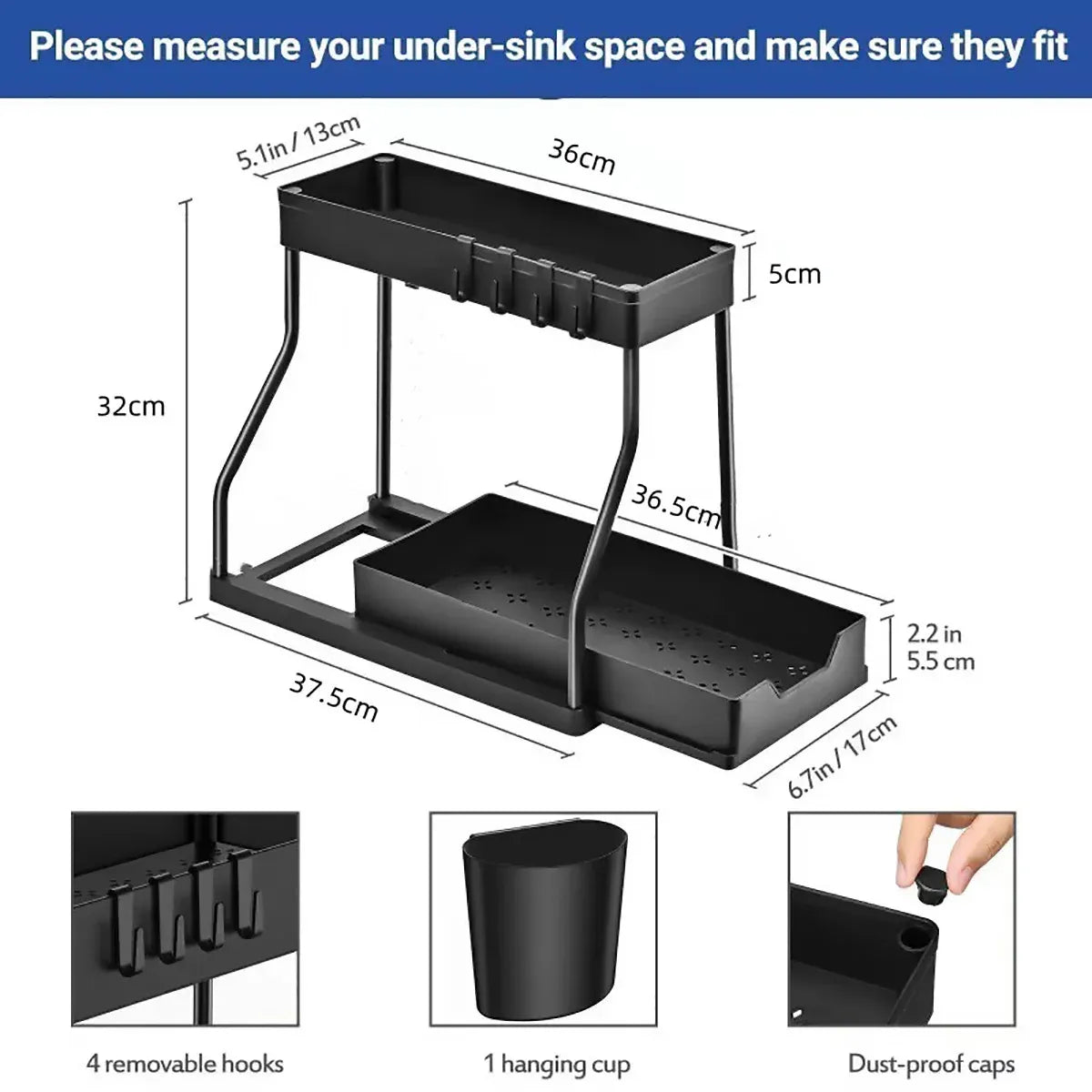 Under Sink Storage Rack Double Layer Organizer Shelf Kitchen Bathroom Cabinet - White