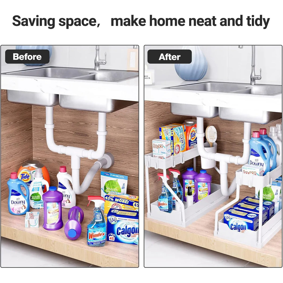 Under Sink Storage Rack Double Layer Organizer Shelf Kitchen Bathroom Cabinet - White