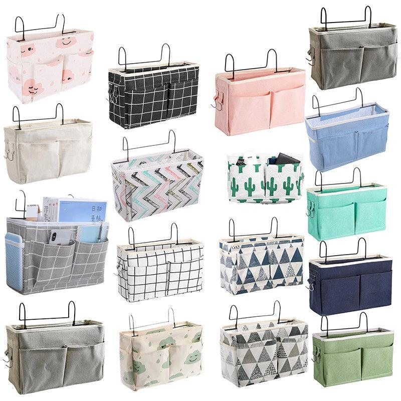 Hanging Bedside Storage Caddy with Pockets for Bunk Bed Dorm Couch Organizing - Grey Grid