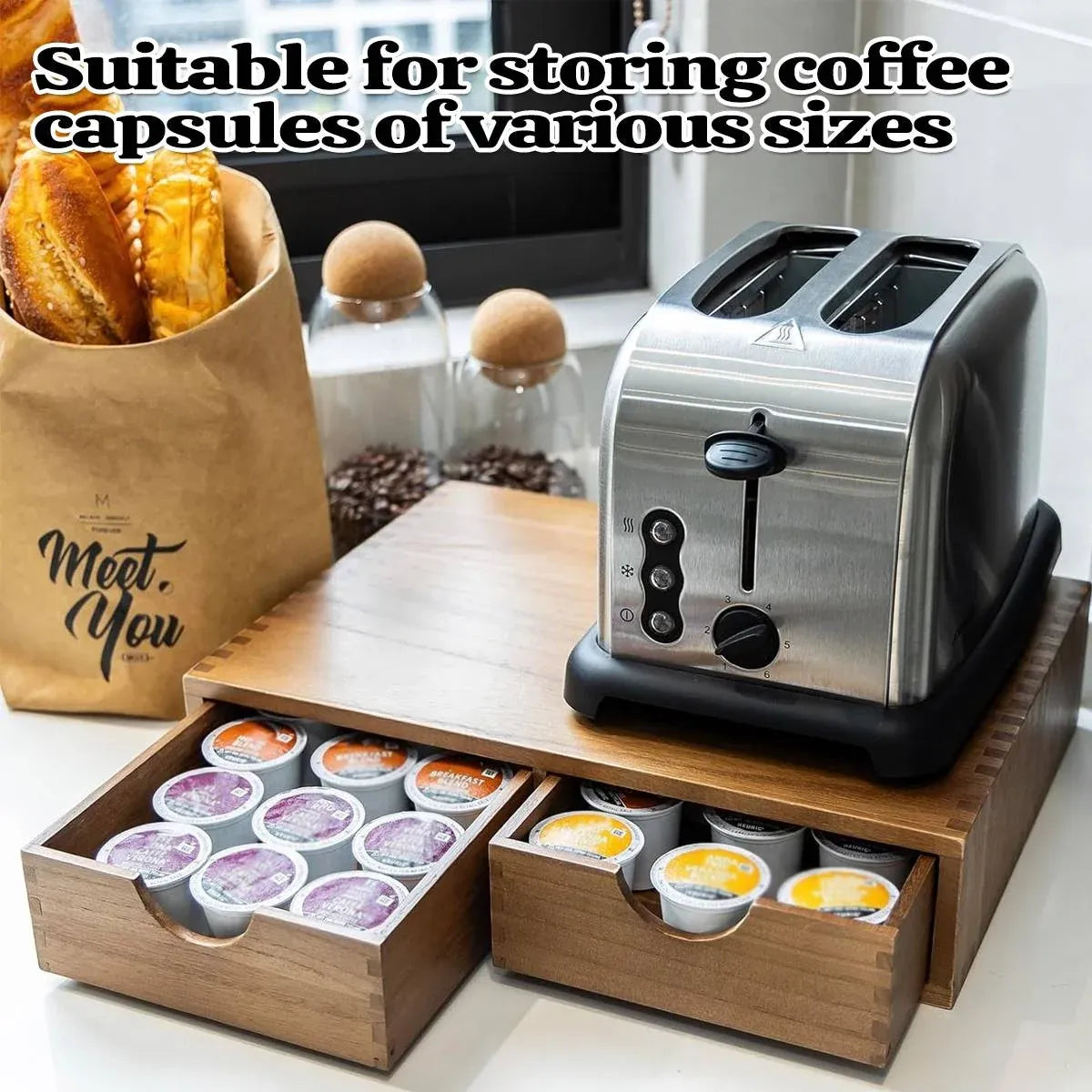 Wooden Coffee Capsule Holder Double Drawer Coffee Machine Stand Countertop Use