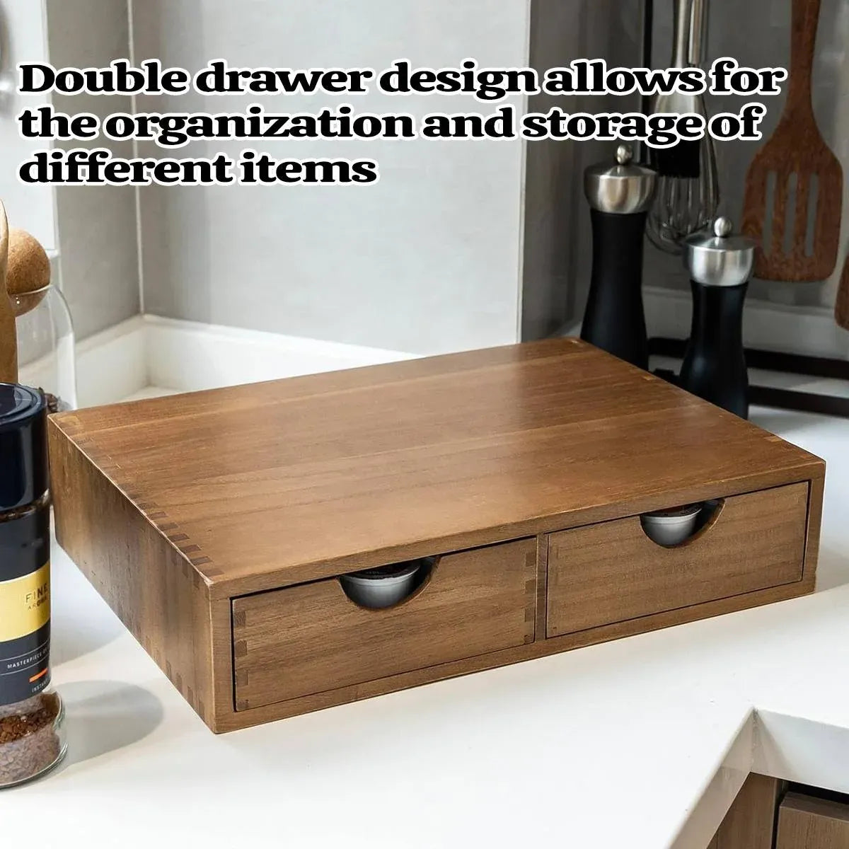 Wooden Coffee Capsule Holder Double Drawer Coffee Machine Stand Countertop Use