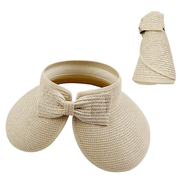 Women Roll Up Sun Visor Wide Brim Straw Hat Summer Foldable UV Protection Cap - Beige