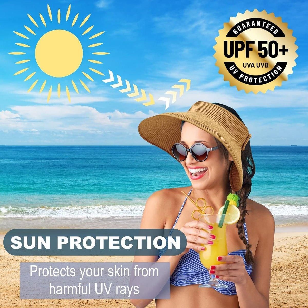 Women Roll Up Sun Visor Wide Brim Straw Hat Summer Foldable UV Protection Cap - Navy Blue