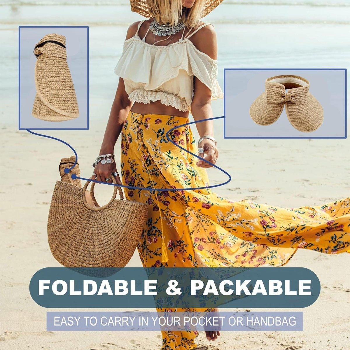Women Roll Up Sun Visor Wide Brim Straw Hat Summer Foldable UV Protection Cap - Navy Blue