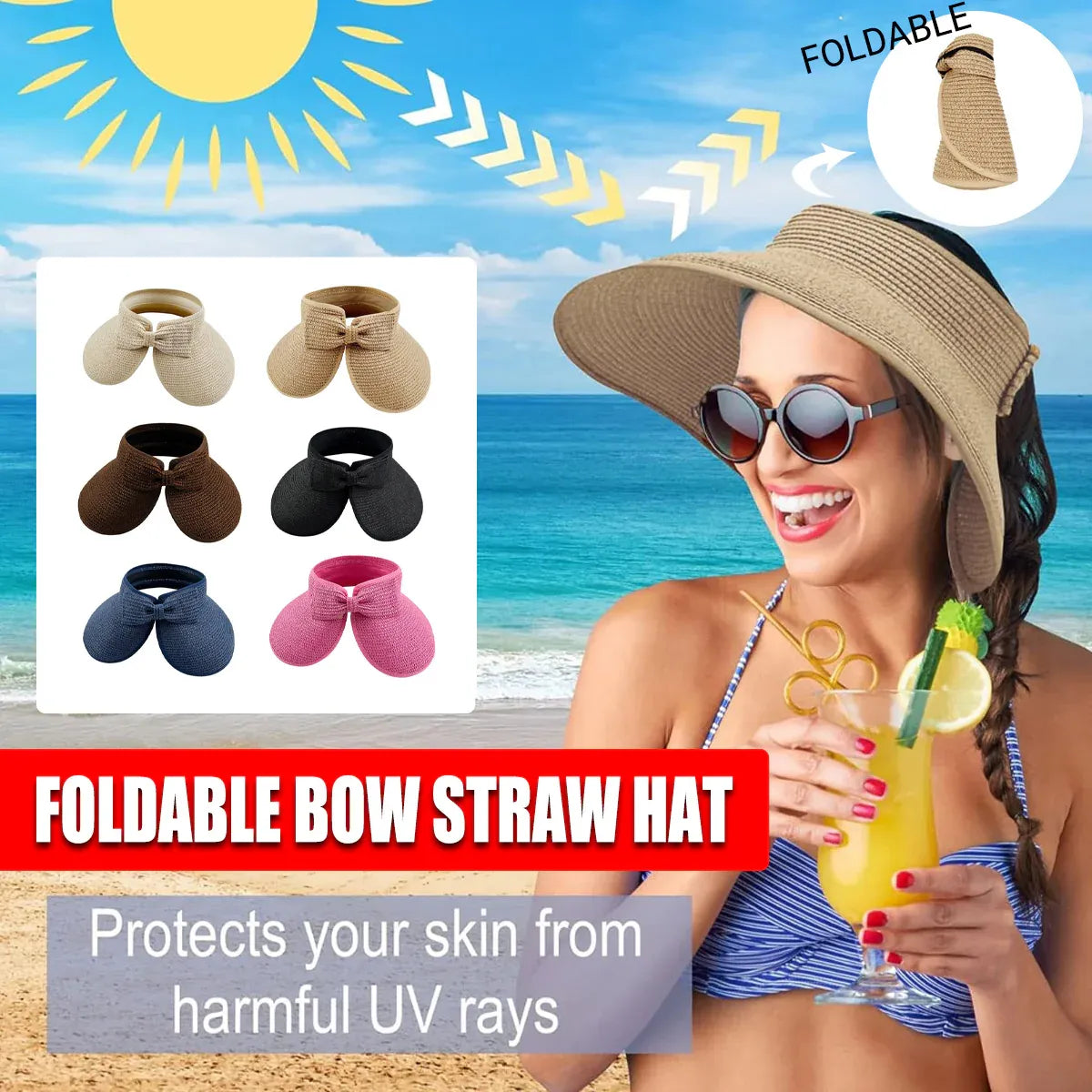 Women Roll Up Sun Visor Wide Brim Straw Hat Summer Foldable UV Protection Cap - Rose Red