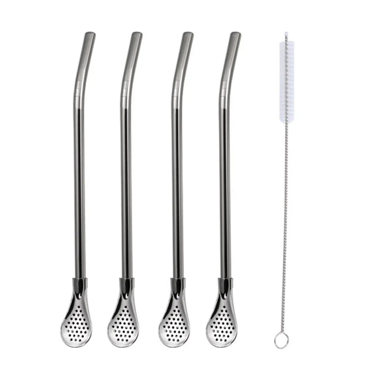 5pcs Stainless Steel Straw Spoon Removable Filter Reusable Tea Juice Stirrer - Silver