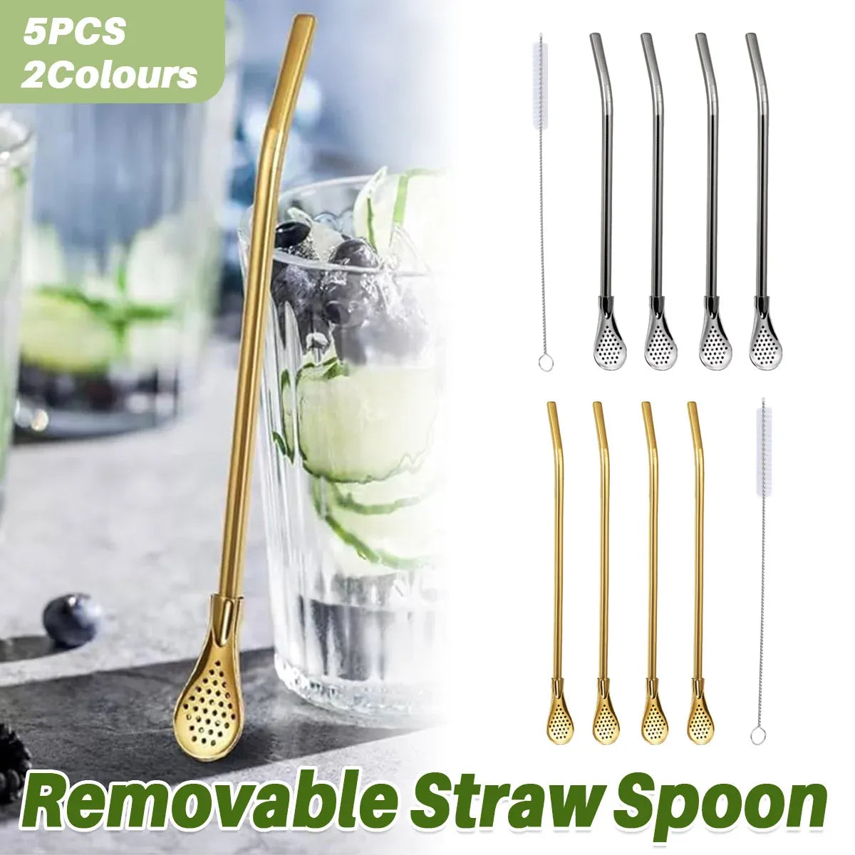 5pcs Stainless Steel Straw Spoon Removable Filter Reusable Tea Juice Stirrer - Silver